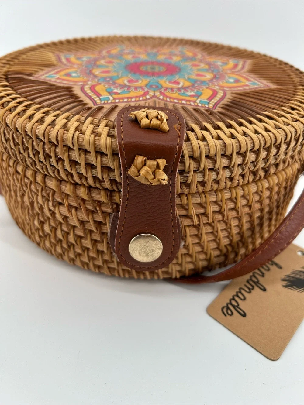 Francesca's Collections Round Woven Crossbody in Brown with Multicolor Mandala - Picture 5 of 8